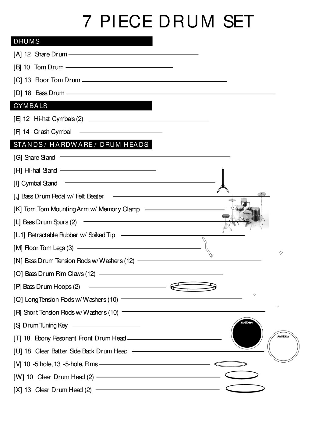 First Act MD700 manual Piece Drum SET 
