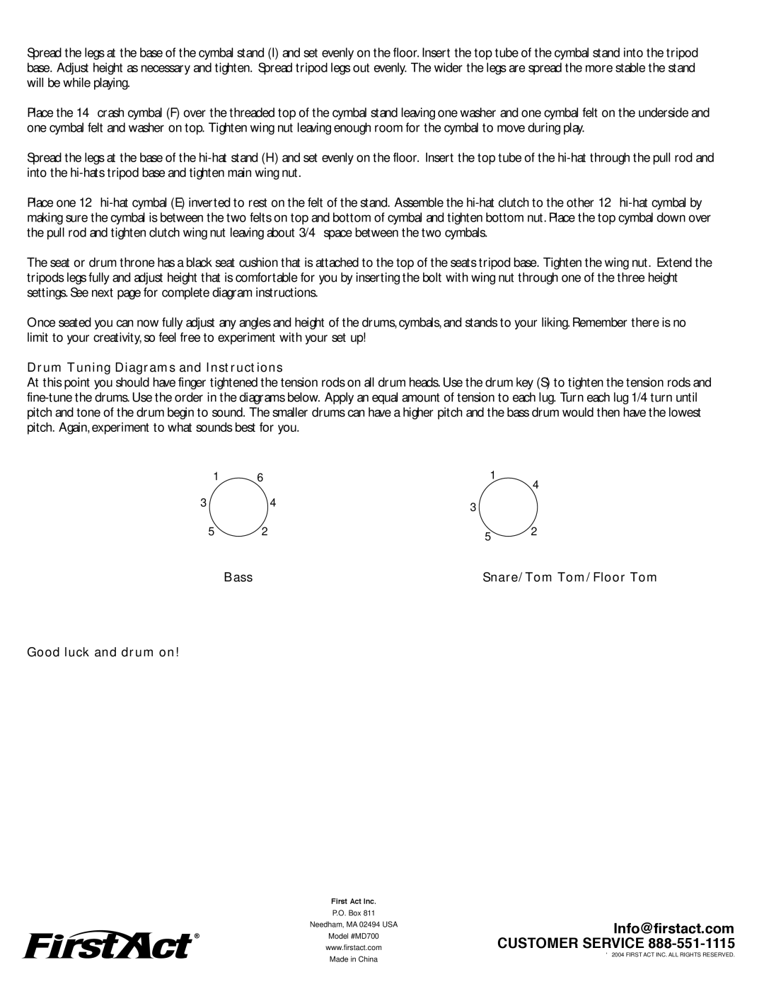 First Act MD700 manual Drum Tuning Diagrams and Instructions, Bass Snare/ Tom Tom/ Floor Tom Good luck and drum on 