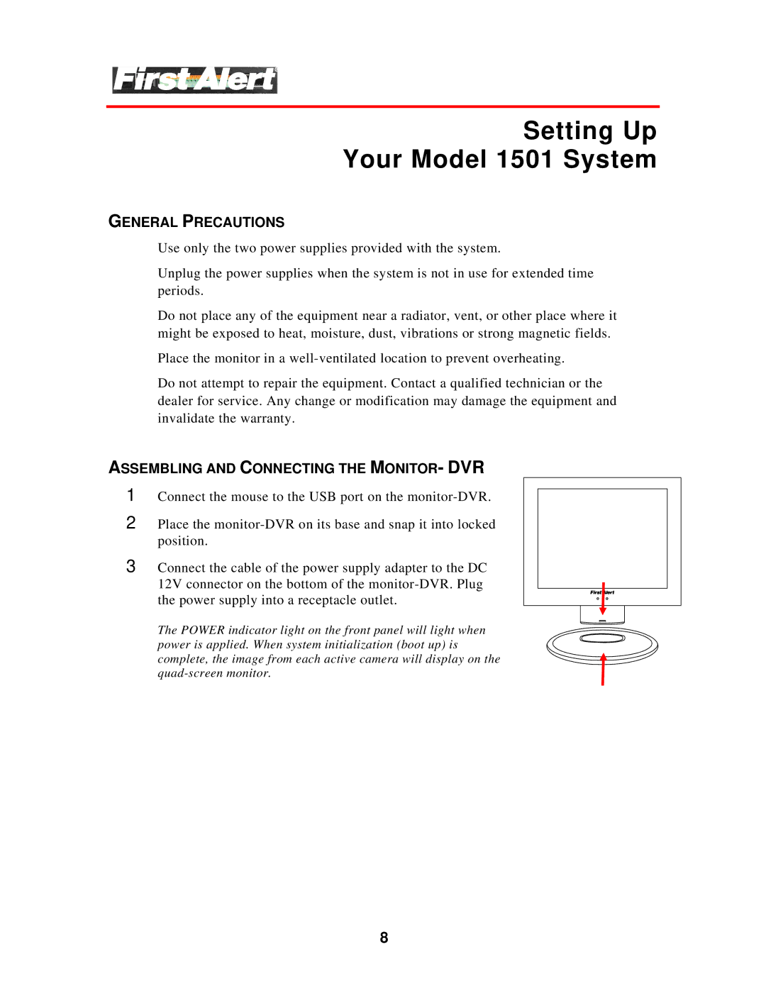 First Alert Setting Up Your Model 1501 System, General Precautions, Assembling and Connecting the MONITOR- DVR 