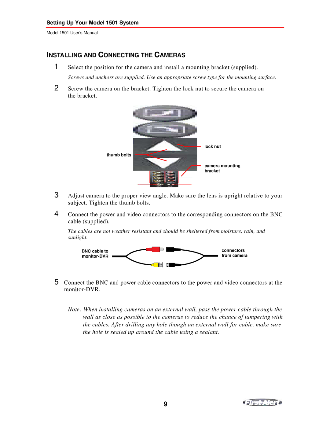 First Alert 1501 user manual Installing and Connecting the Cameras 