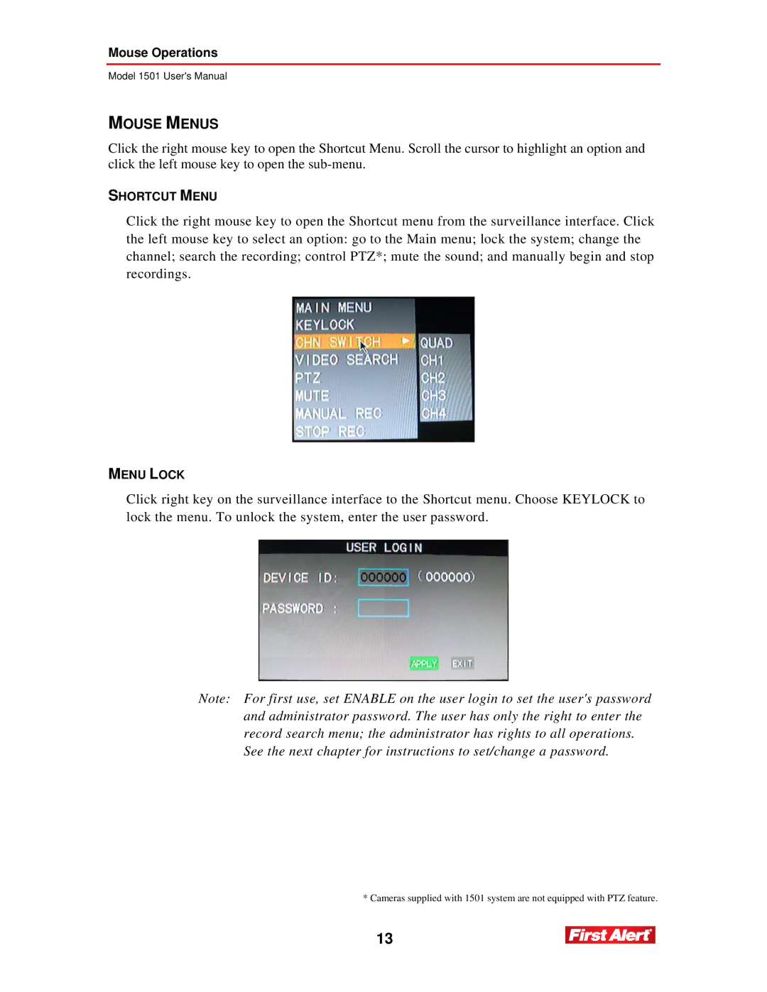 First Alert 1501 user manual Mouse Menus 