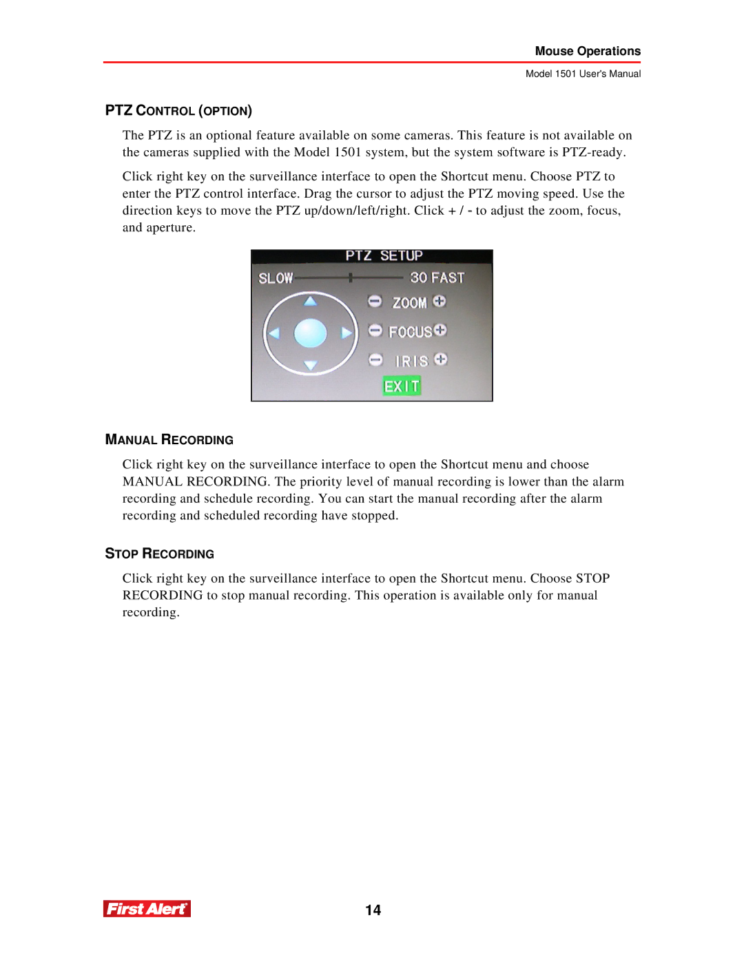 First Alert 1501 user manual PTZ Control Option 