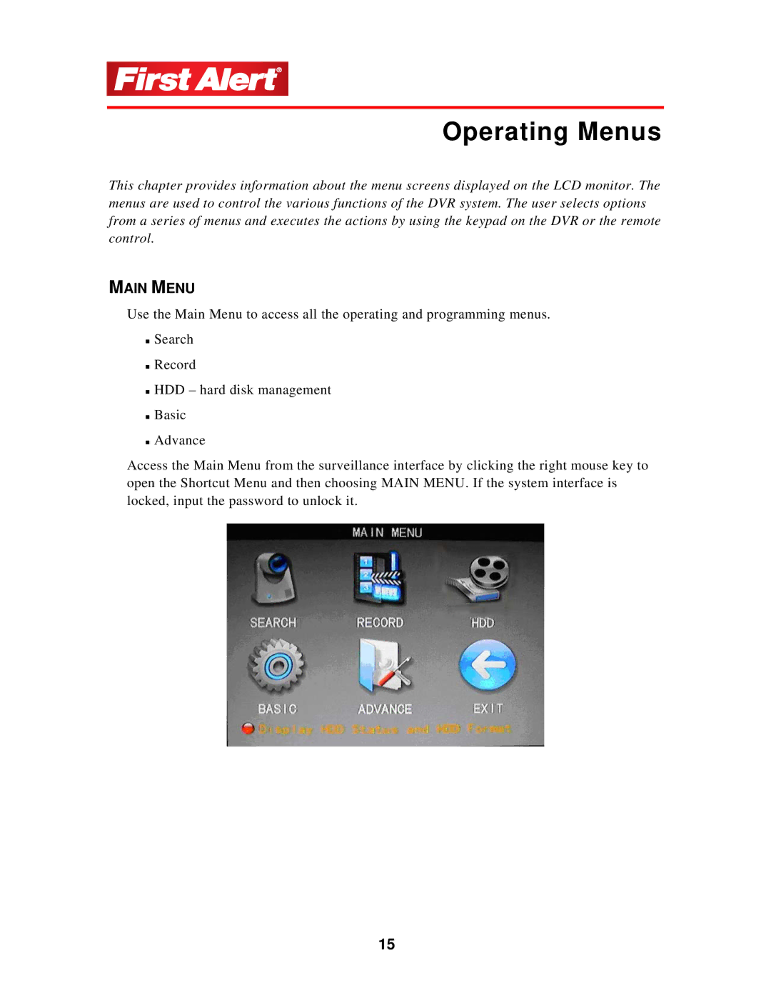 First Alert 1501 user manual Operating Menus, Main Menu 