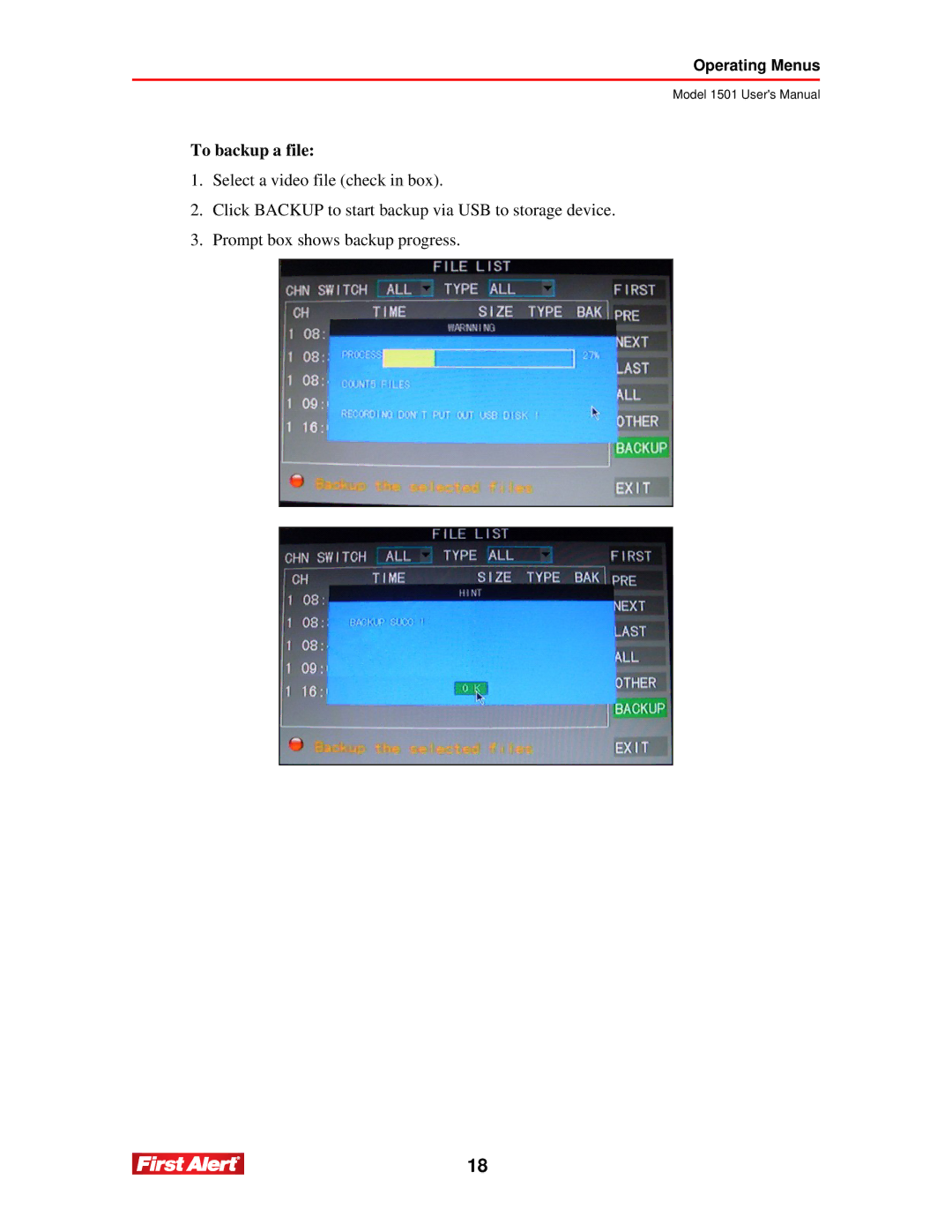 First Alert 1501 user manual To backup a file 