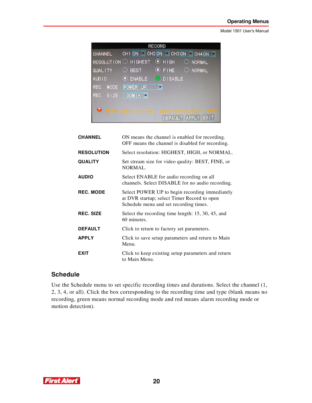 First Alert 1501 user manual Schedule, Normal 