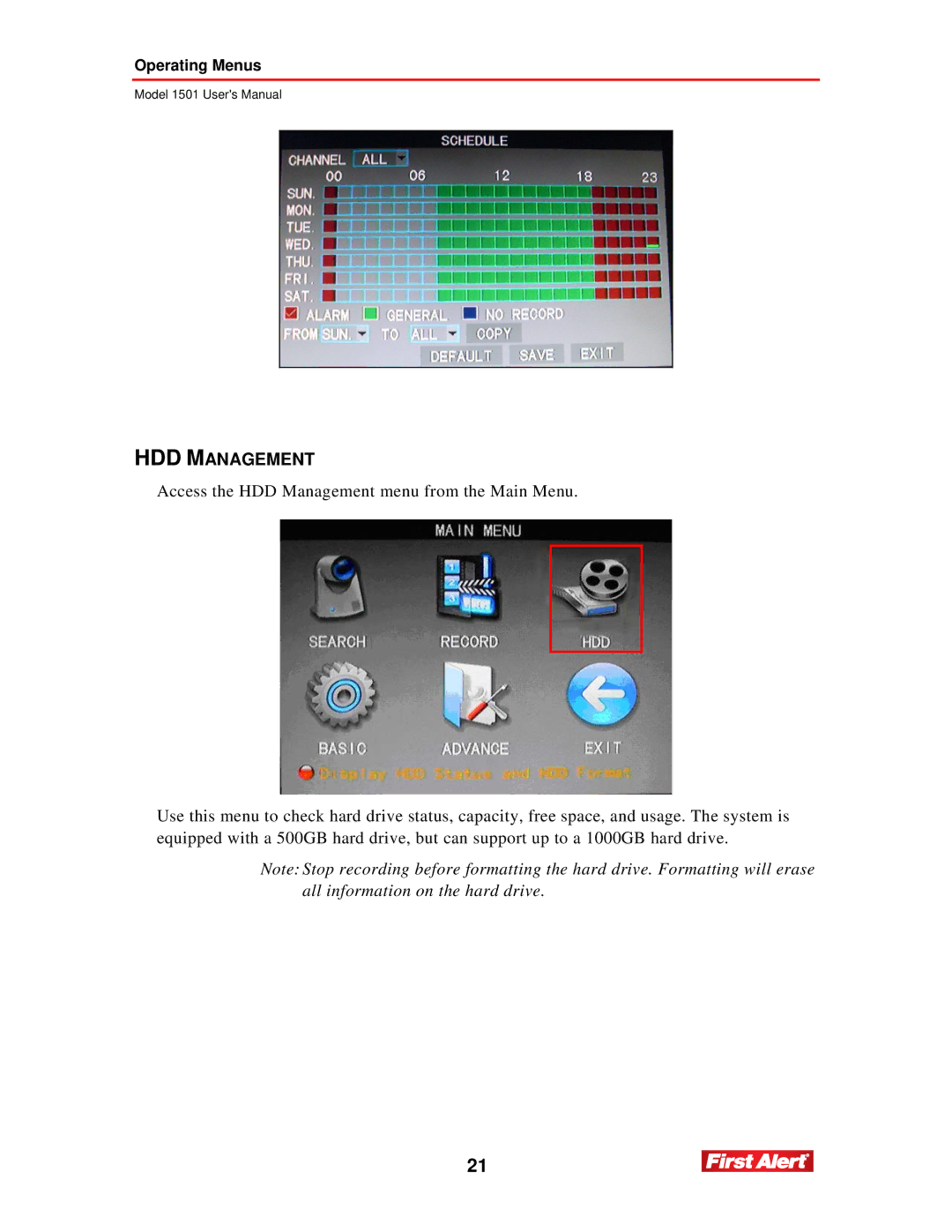 First Alert 1501 user manual HDD Management 