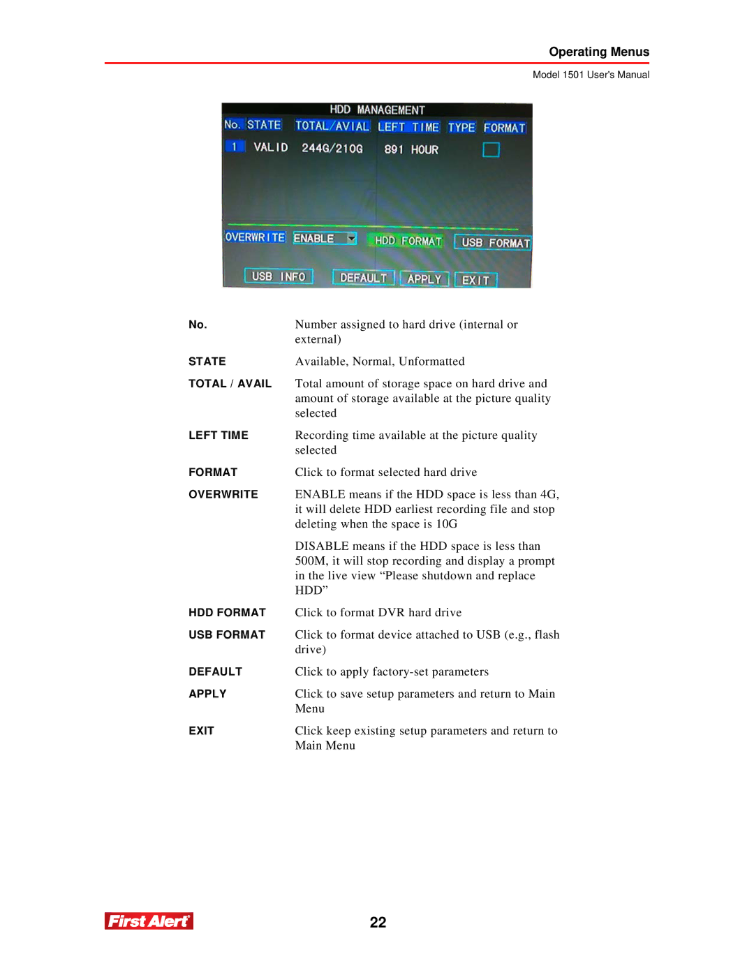 First Alert 1501 user manual Hdd 