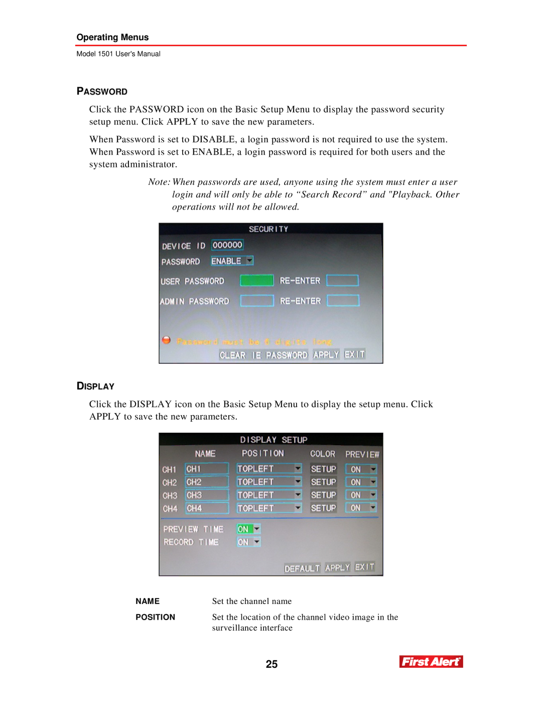 First Alert 1501 user manual Password 