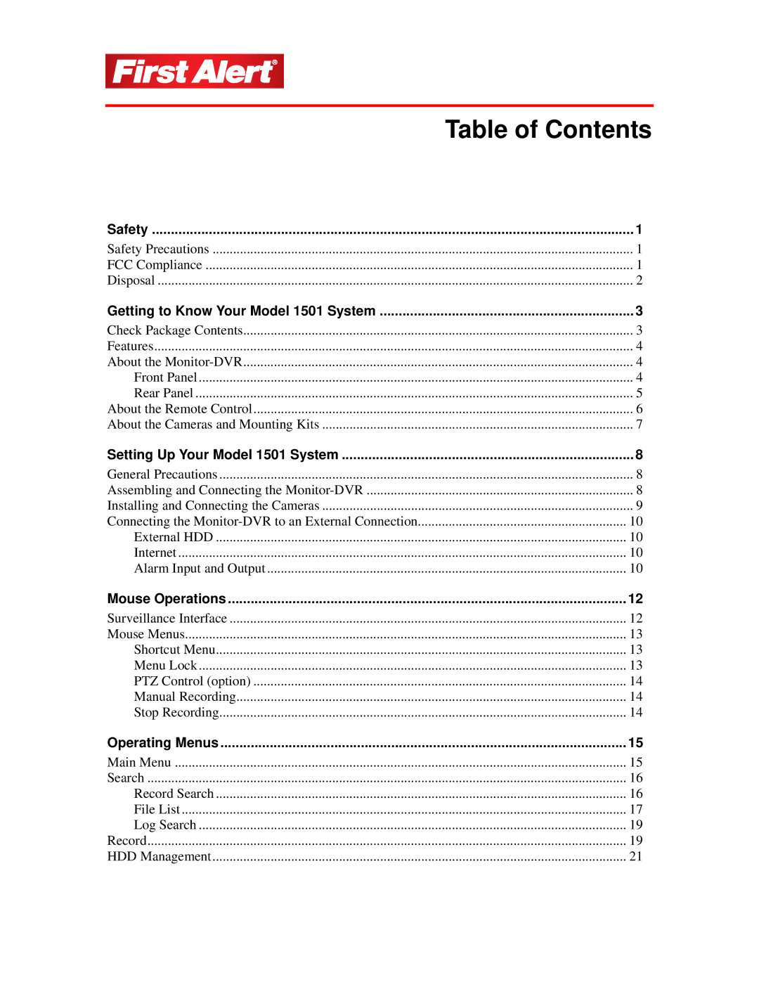 First Alert 1501 user manual Table of Contents 