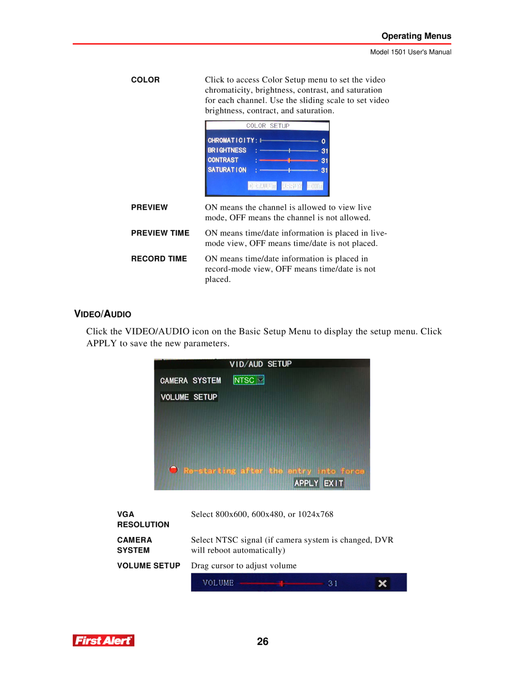 First Alert 1501 user manual Video/Audio 