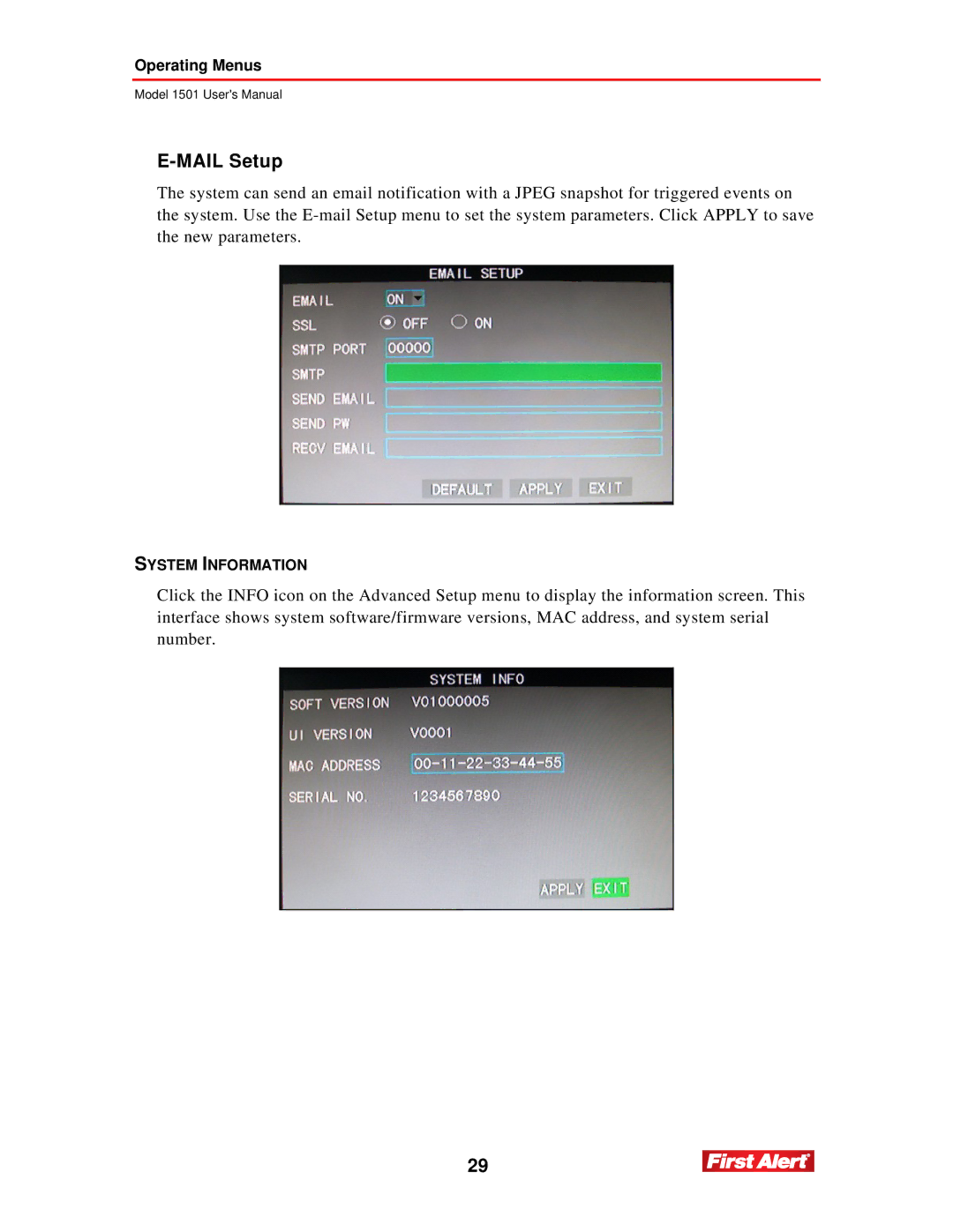 First Alert 1501 user manual Mail Setup 