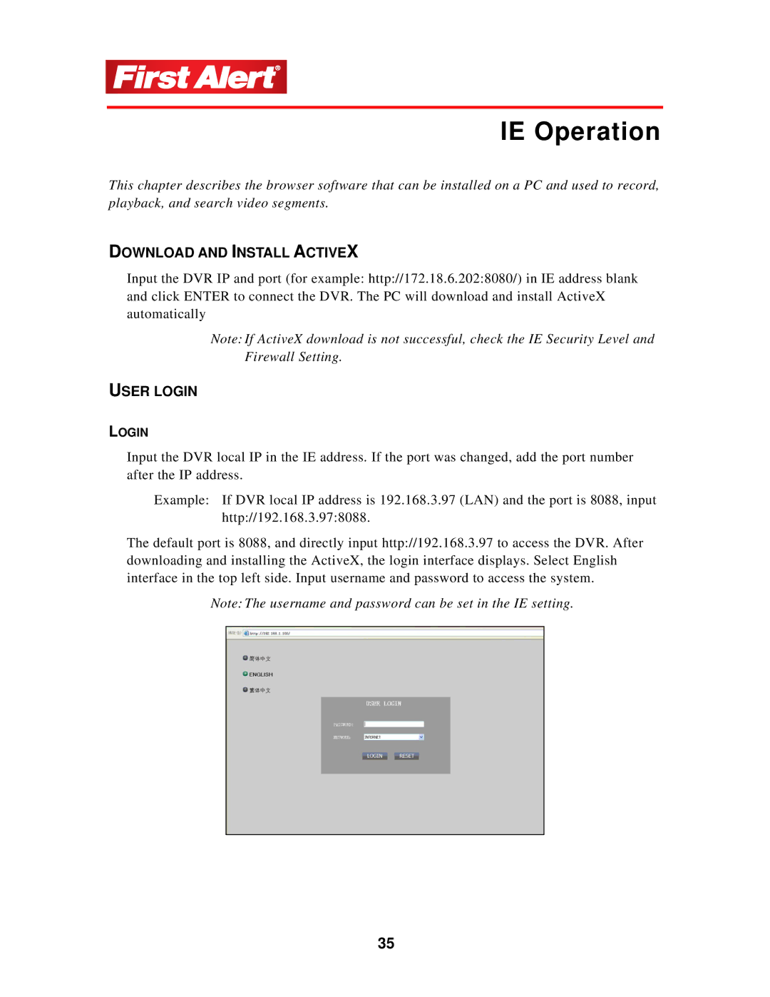 First Alert 1501 user manual IE Operation, Download and Install Activex, User Login 