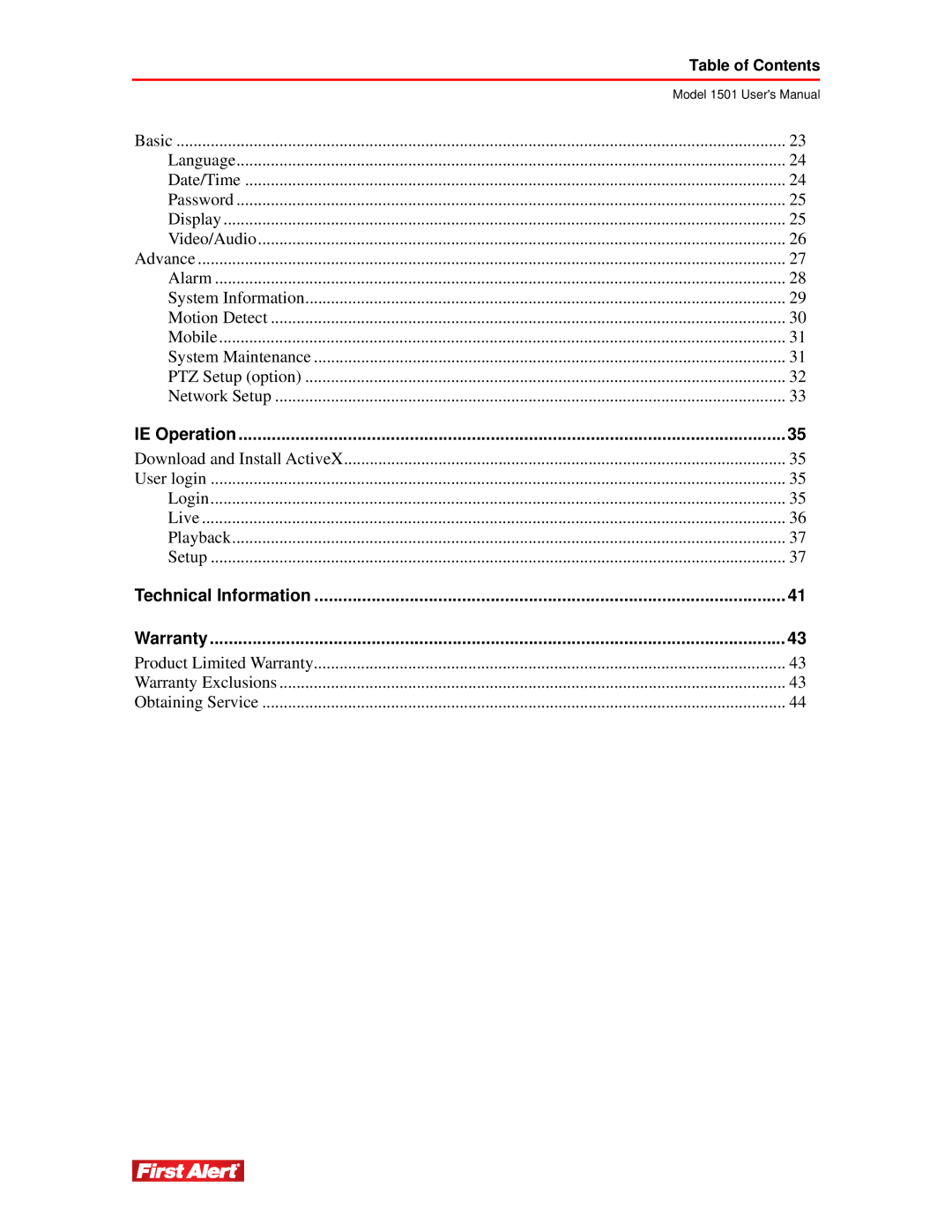 First Alert 1501 user manual Table of Contents 