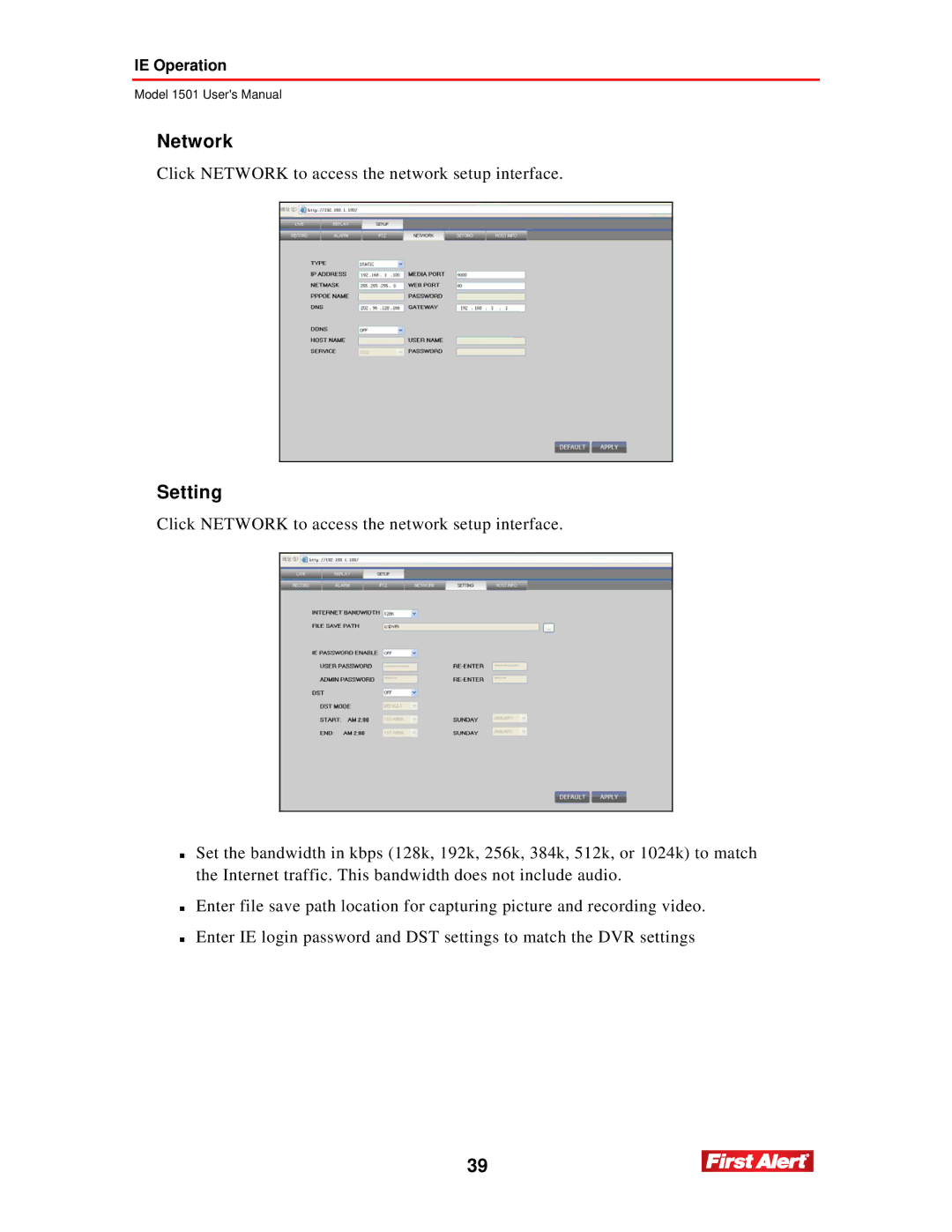 First Alert 1501 user manual Network, Setting 