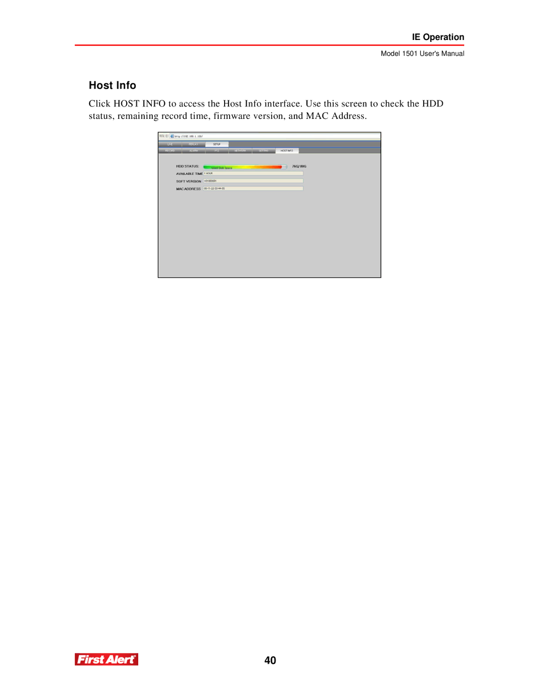First Alert 1501 user manual Host Info 