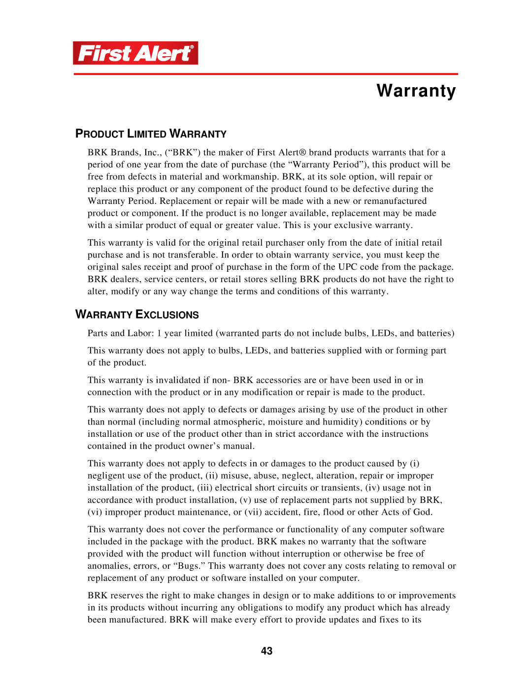 First Alert 1501 user manual Product Limited Warranty, Warranty Exclusions 