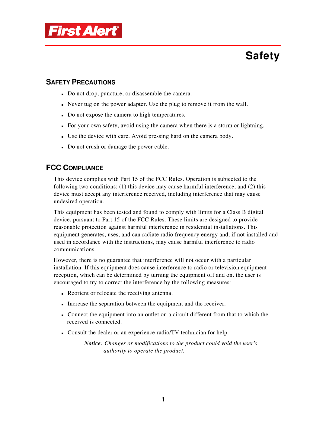 First Alert 1501 user manual Safety Precautions, FCC Compliance 