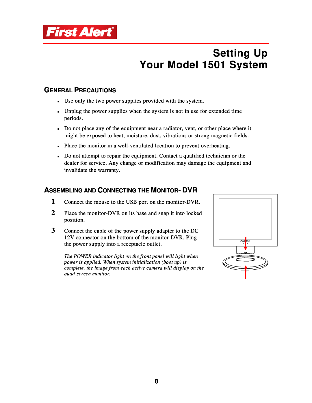First Alert Setting Up Your Model 1501 System, General Precautions, Assembling And Connecting The Monitor- Dvr 