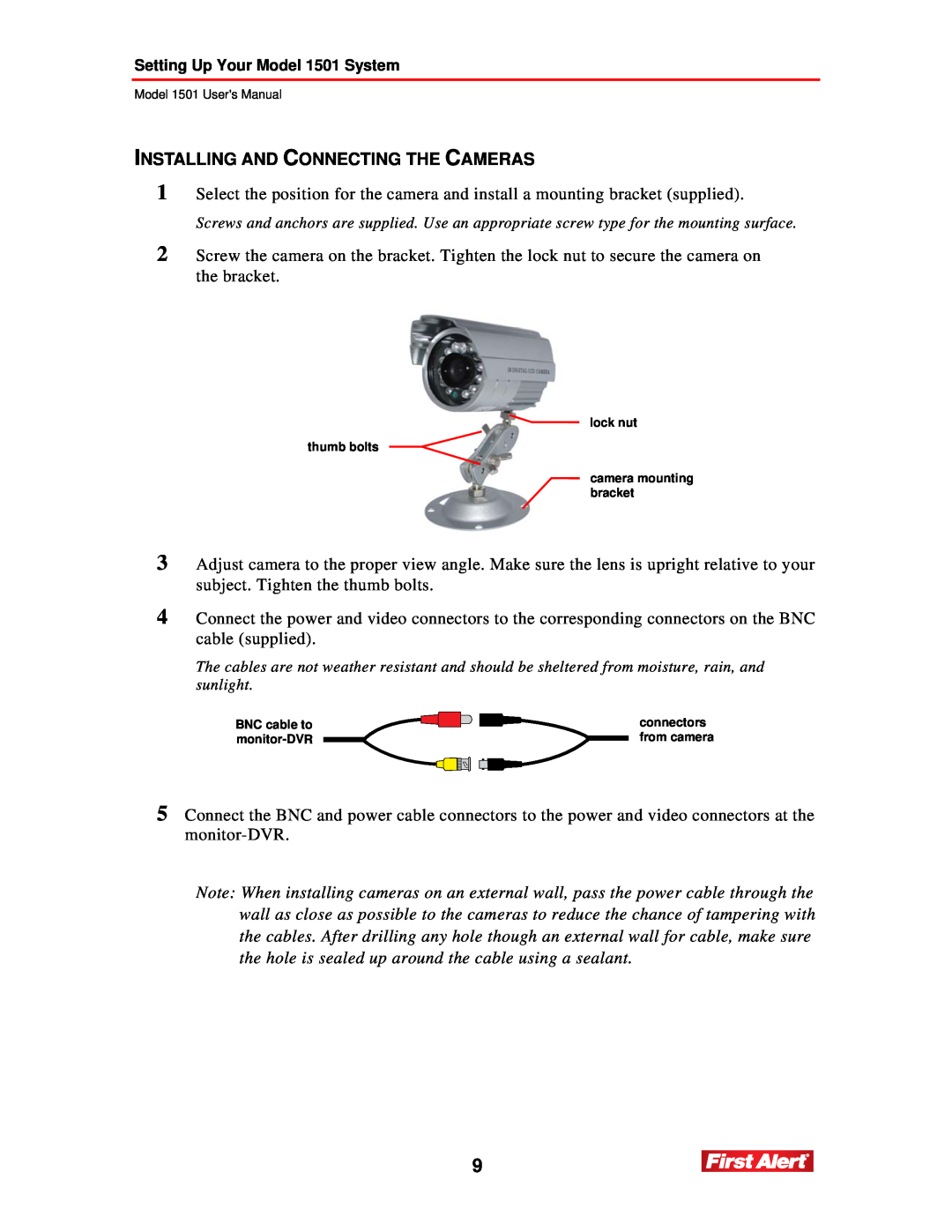 First Alert 1501 user manual Installing And Connecting The Cameras, connectors from camera 