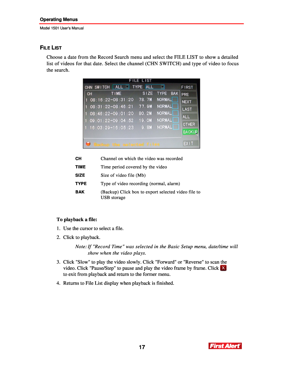 First Alert 1501 user manual To playback a file 