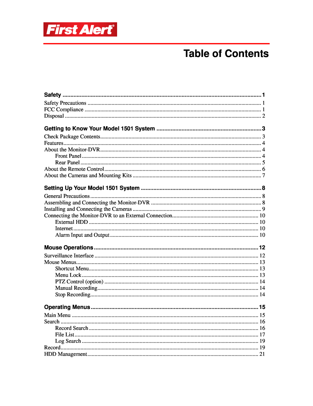 First Alert 1501 user manual Table of Contents, Safety, Mouse Operations, Operating Menus 