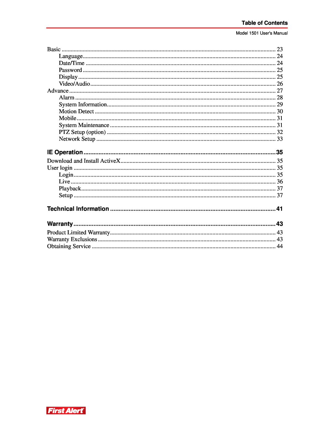 First Alert 1501 user manual Table of Contents 