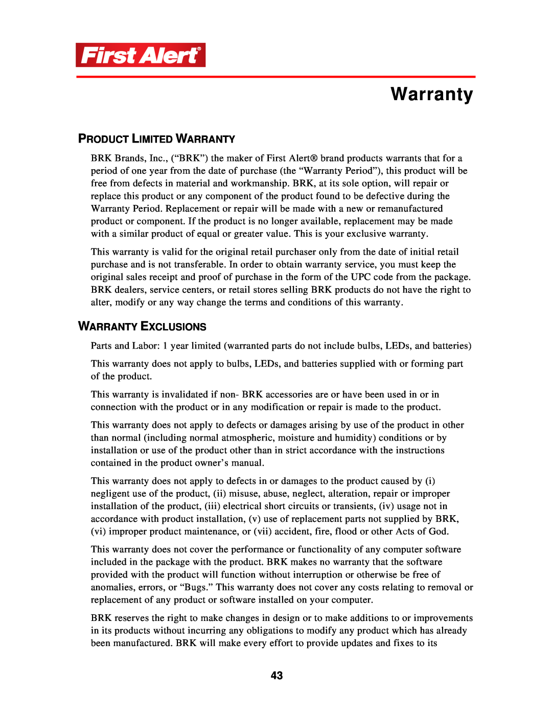 First Alert 1501 user manual Product Limited Warranty, Warranty Exclusions 