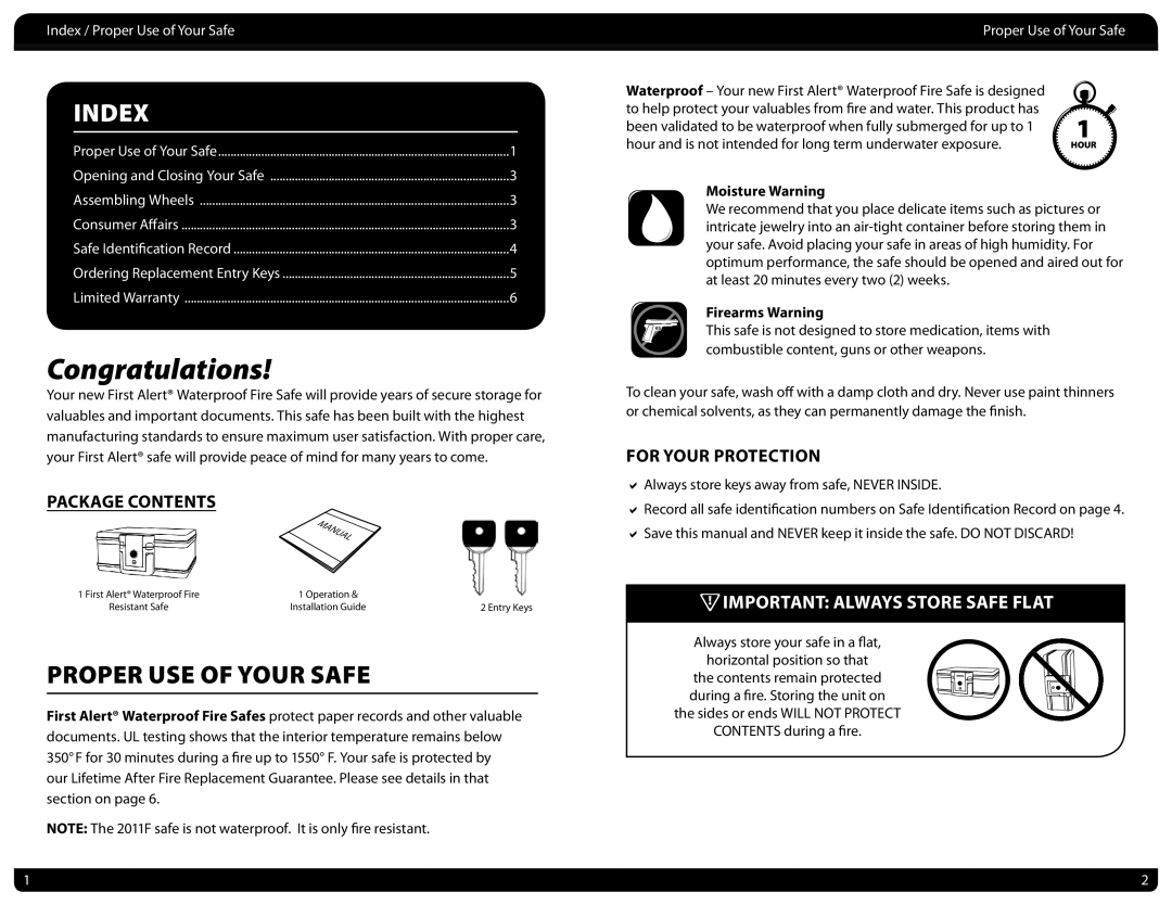 First Alert 2037FM, 2030F Proper USE of Your Safe, Important Always Store Safe Flat, Package Contents, For Your Protection 