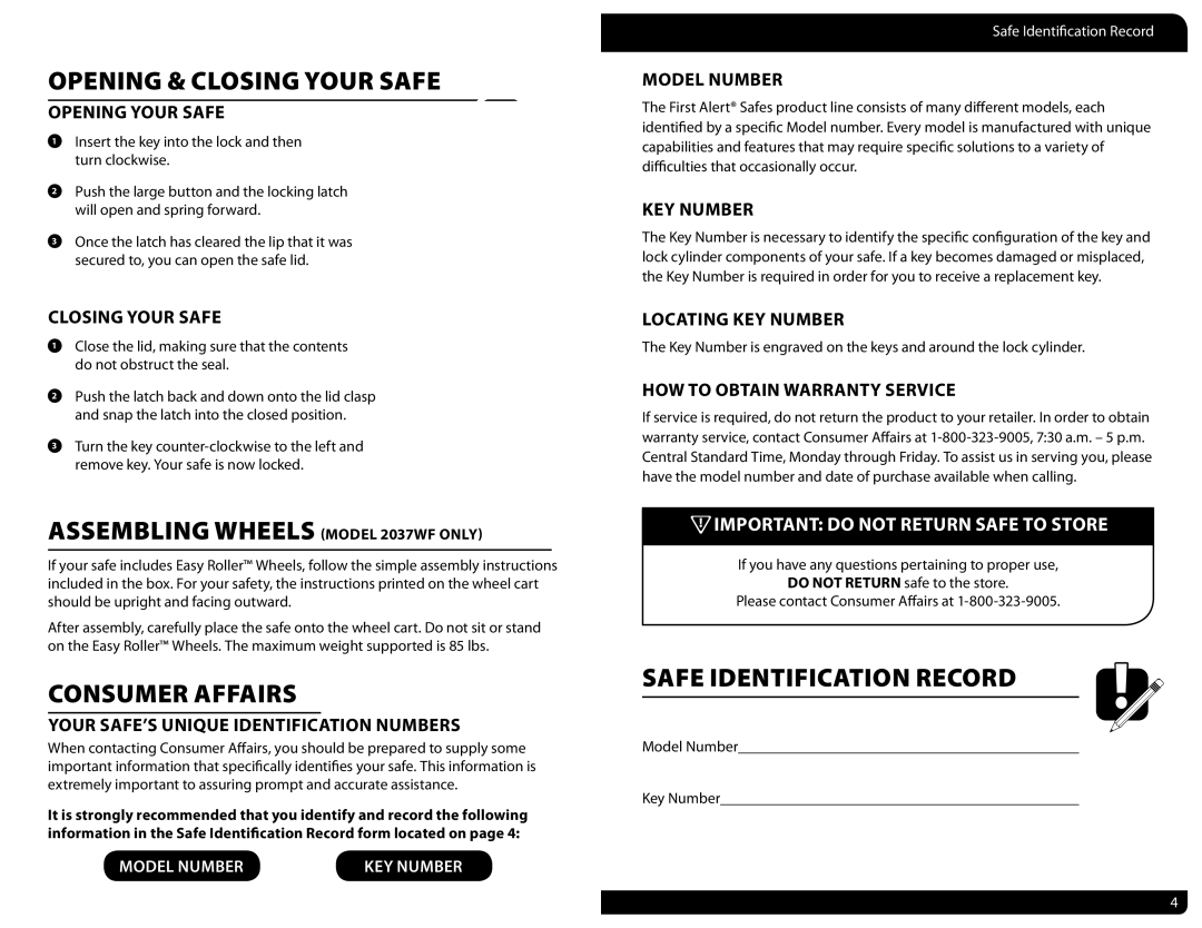 First Alert 2017F, 2037WF, 2030F, 2037FM, 2013F Opening & Closing Your Safe, Consumer Affairs, Safe Identification Record 