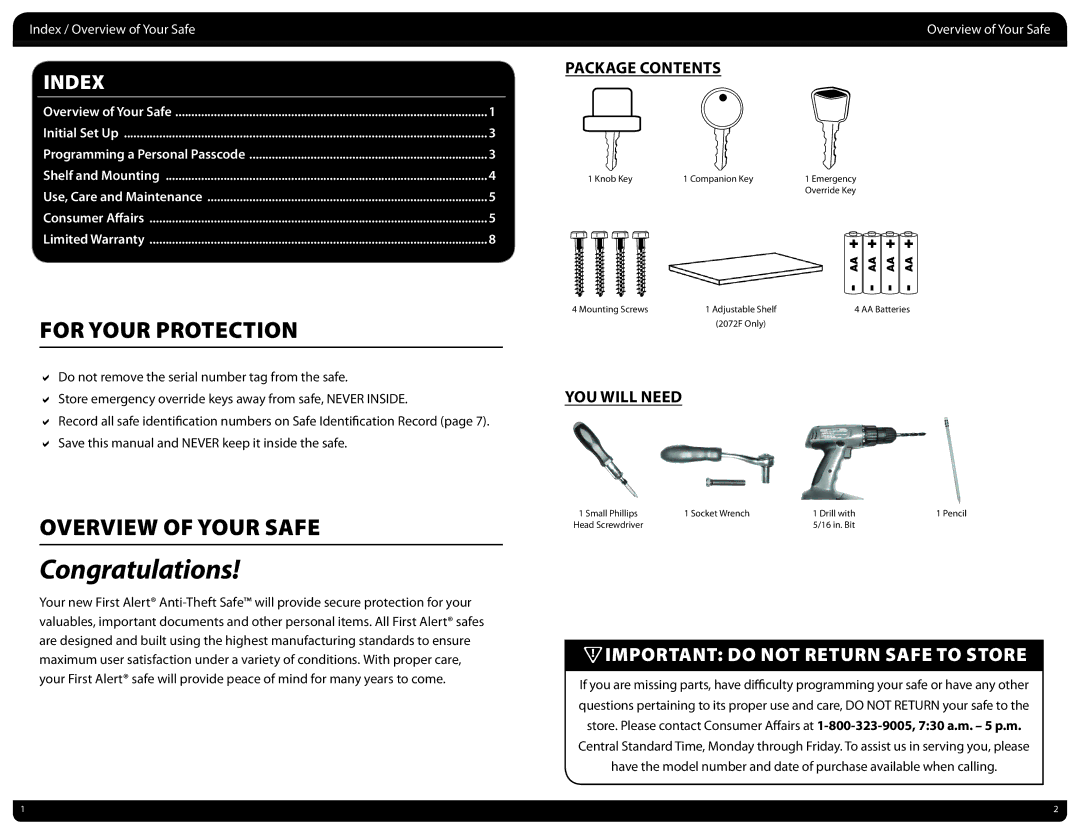 First Alert 2025F, 2072F, 2073F manual For Your Protection, Overview of Your Safe 