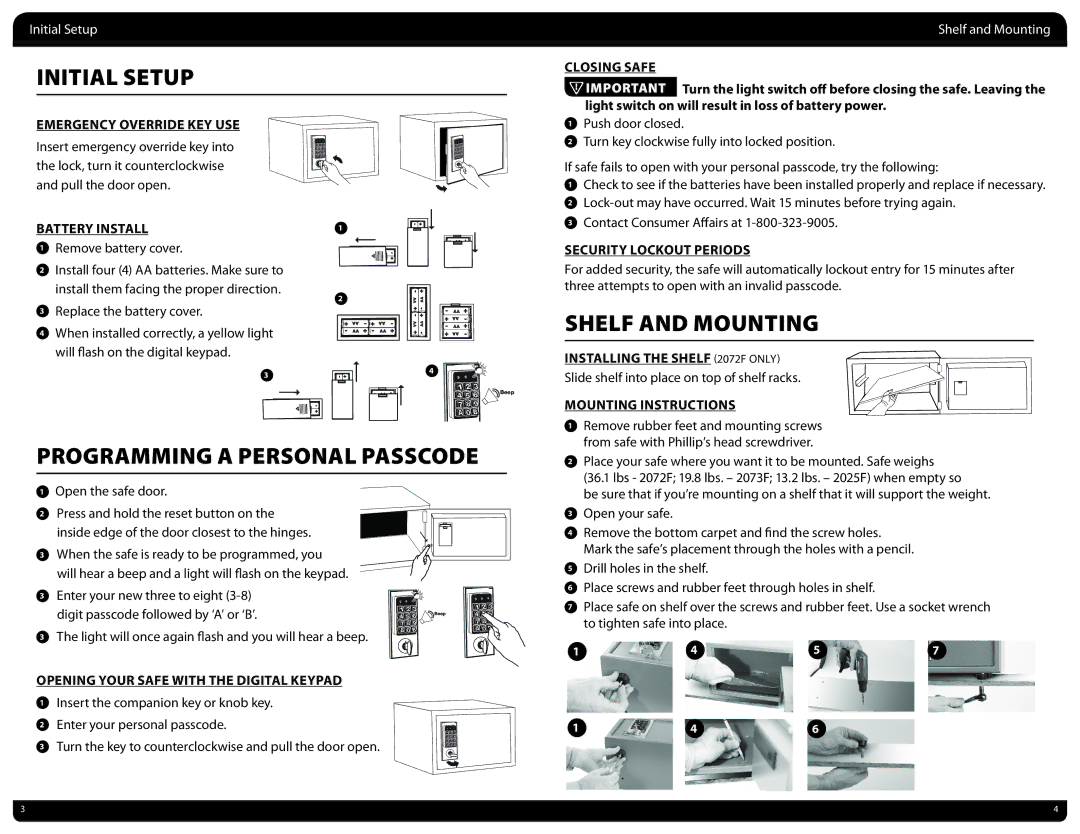 First Alert 2072F, 2073F Initial Setup, Shelf and Mounting, Programming a Personal Passcode, Emergency Override KEY USE 