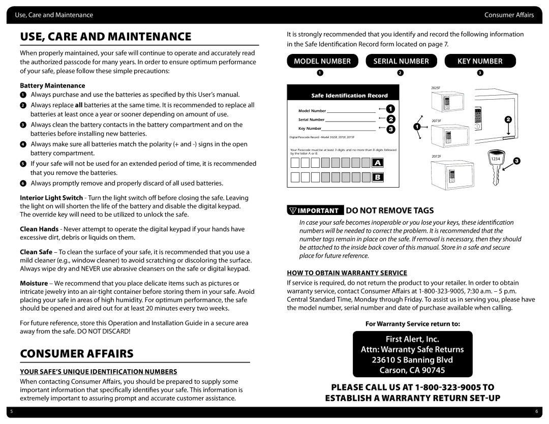 First Alert 2073F, 2072F, 2025F manual USE, Care and Maintenance, Consumer Affairs, Model Number Serial Number KEY Number 