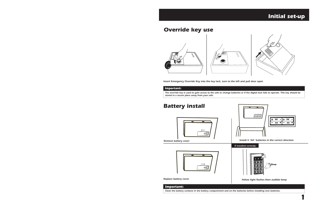 First Alert 2079F, 2079EF, 2074F, 2074EF warranty Initial set-up, Override key use, Battery install 