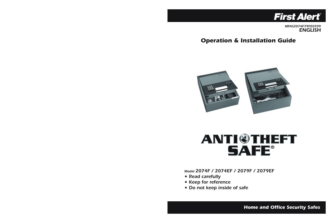 First Alert 2079EF warranty Operation & Installation Guide, Home and Office Security Safes, English, MFAS2074F79FE0709 