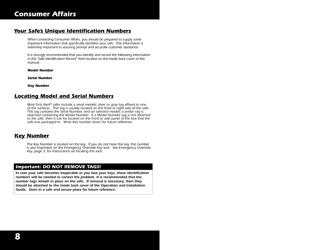 First Alert 2118DF, 2084DF Consumer Affairs, Your Safe’s Unique Identification Numbers, Locating Model and Serial Numbers 