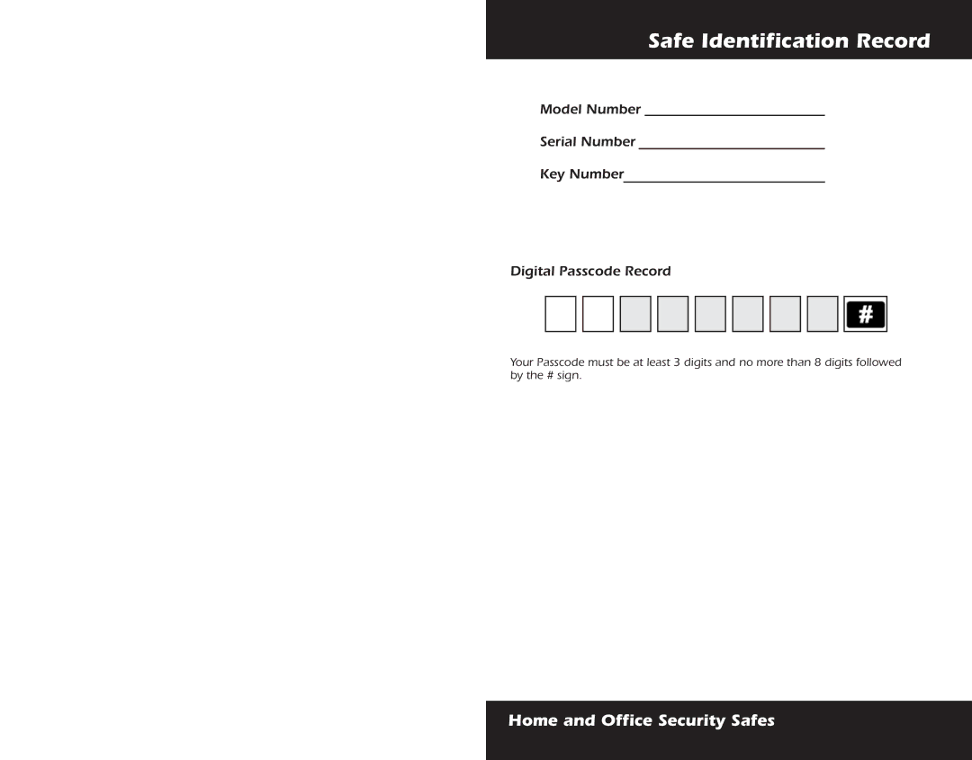 First Alert 2084DF, 2118DF, 2054DF warranty Safe Identification Record 