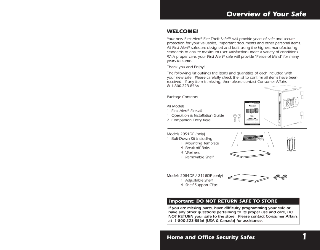 First Alert 2084DF, 2118DF, 2054DF warranty Overview of Your Safe, Important do not Return Safe to Store 