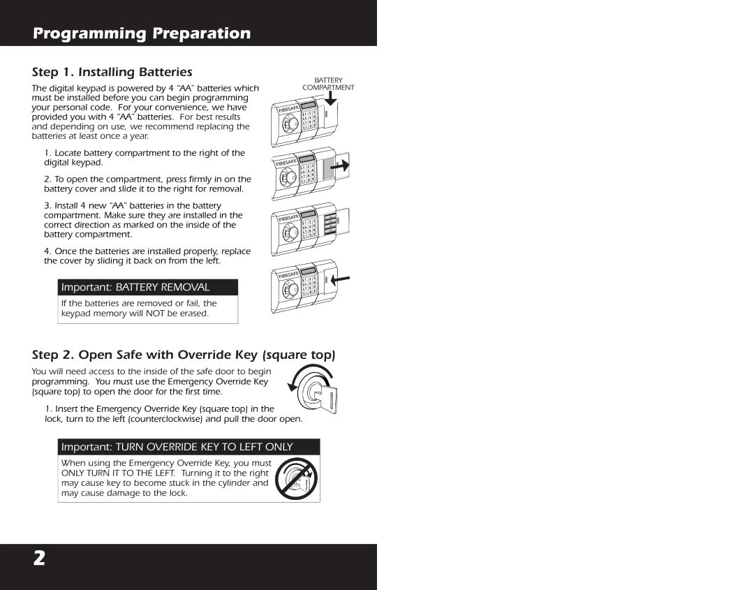 First Alert 2118DF, 2084DF, 2054DF warranty Programming Preparation, Installing Batteries 