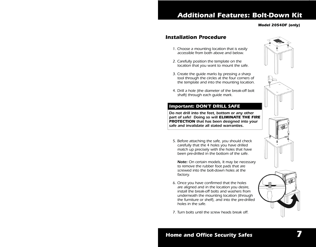 First Alert 2084DF Installation Procedure, Important DON’T DRILL SAFE, Additional Features Bolt-DownKit, Model 2054DF only 