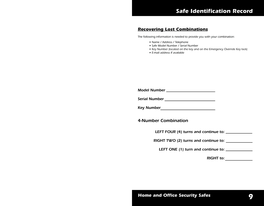 First Alert 2054F, 2084F warranty Safe Identification Record, Recovering Lost Combinations 