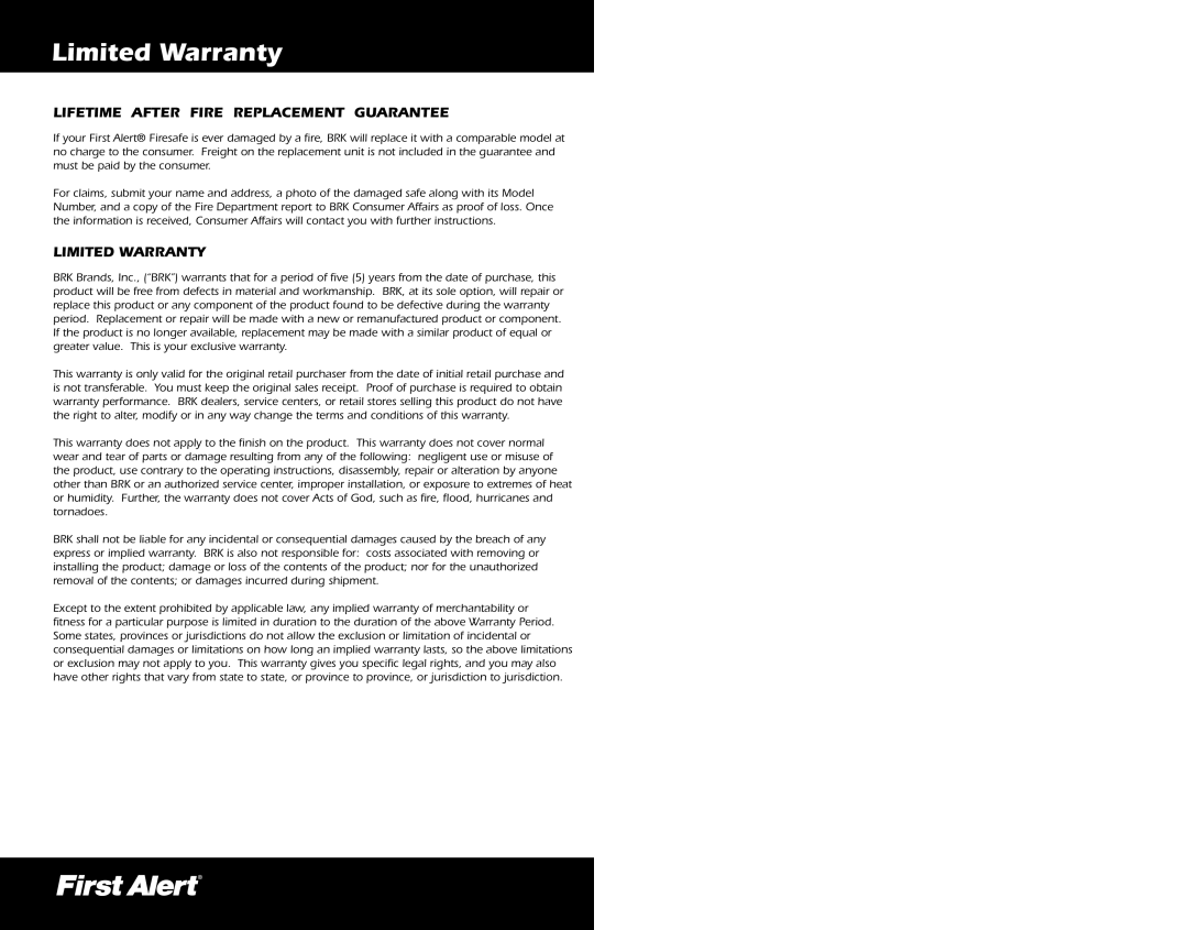 First Alert 2084F, 2054F warranty Limited Warranty, Lifetime After Fire Replacement Guarantee 