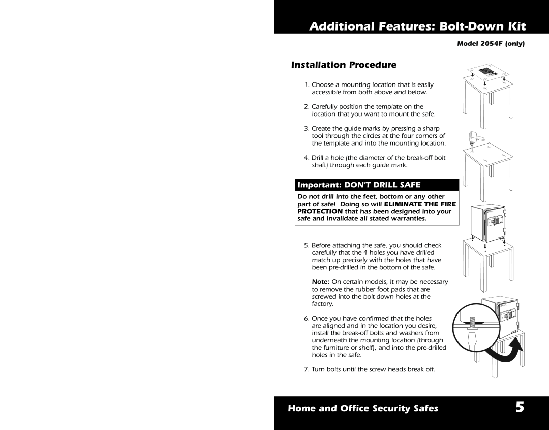 First Alert Installation Procedure, Important DON’T DRILL SAFE, Additional Features Bolt-DownKit, Model 2054F only 