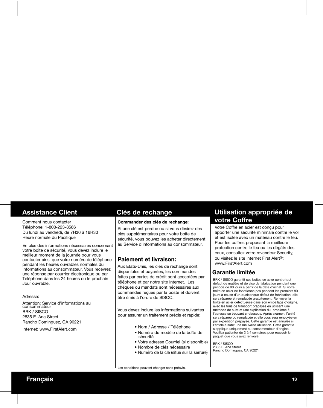 First Alert 3040DEF, 3040DF, 3035DEF manual Français, Paiement et livraison, Garantie limitée, Commander des clés de rechange 