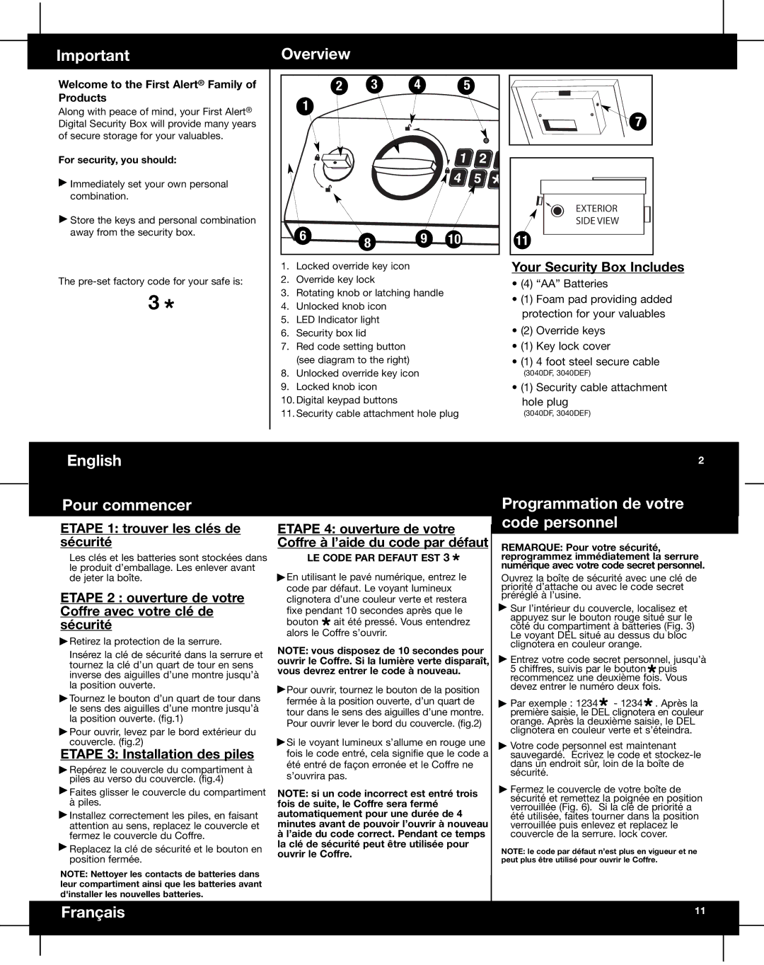 First Alert 3040DF, 3035DEF, 3040DEF, 3035DF manual English Pour commencer, Programmation de votre code personnel, Overview 