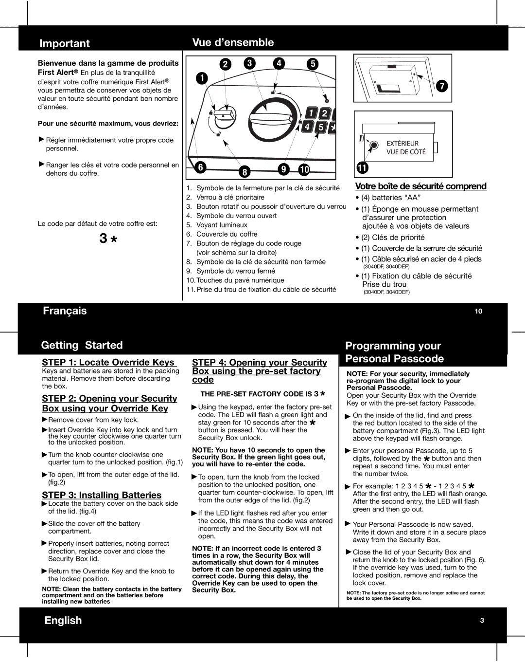 First Alert 3035DEF, 3040DF, 3040DEF, 3035DF Vue d’ensemble, Français Getting Started, Programming your Personal Passcode 