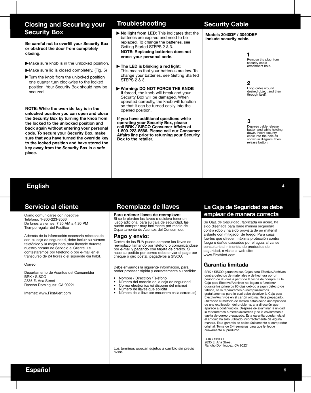First Alert 3040DEF Closing and Securing your Security Box, Troubleshooting, Security Cable, English Servicio al cliente 