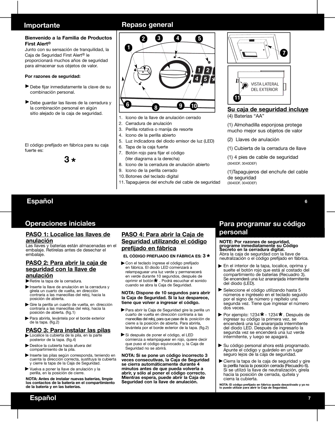 First Alert 3040DF, 3035DEF Importante, Repaso general, Español Operaciones iniciales, Para programar su código personal 