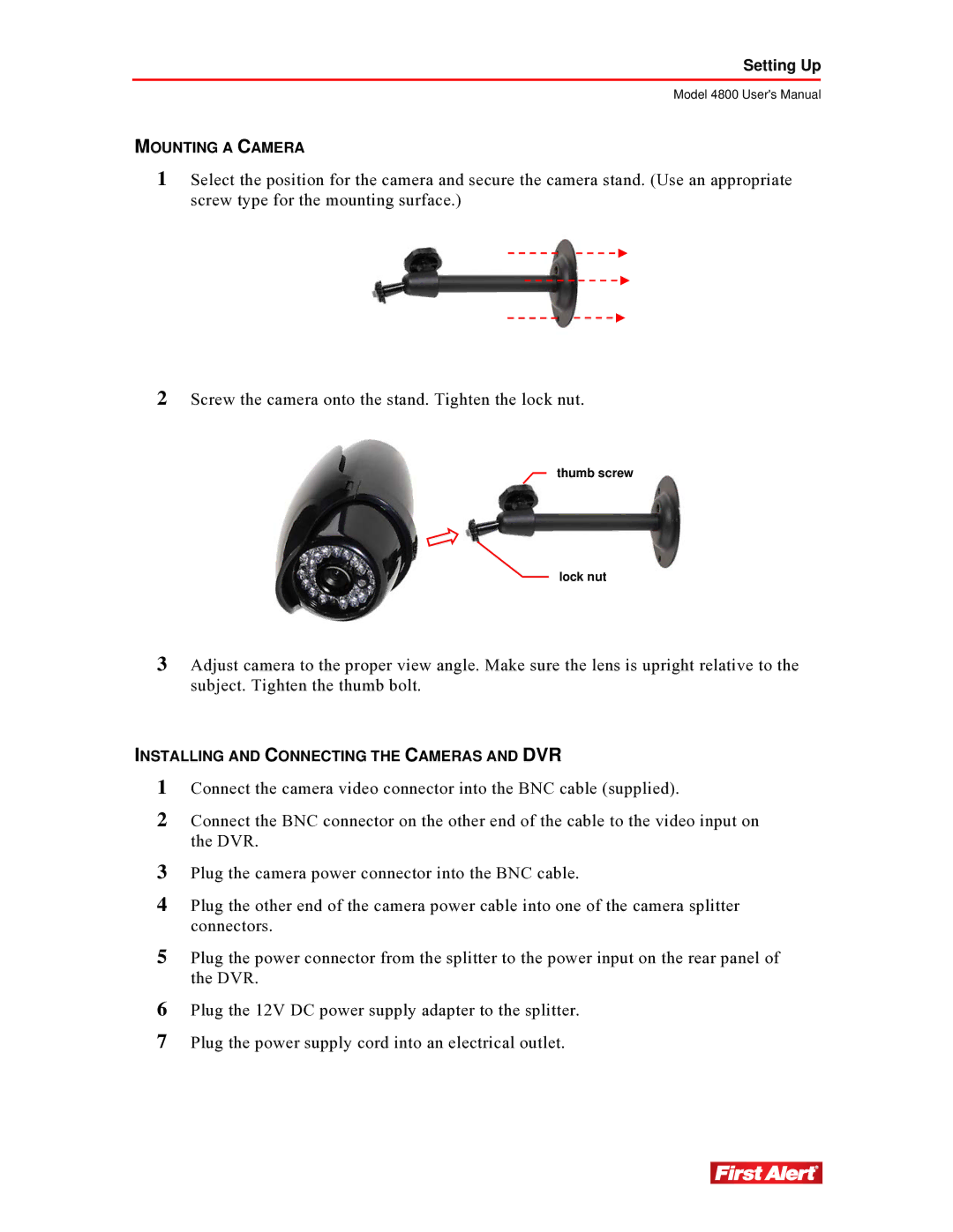 First Alert 4800 user manual Mounting a Camera 