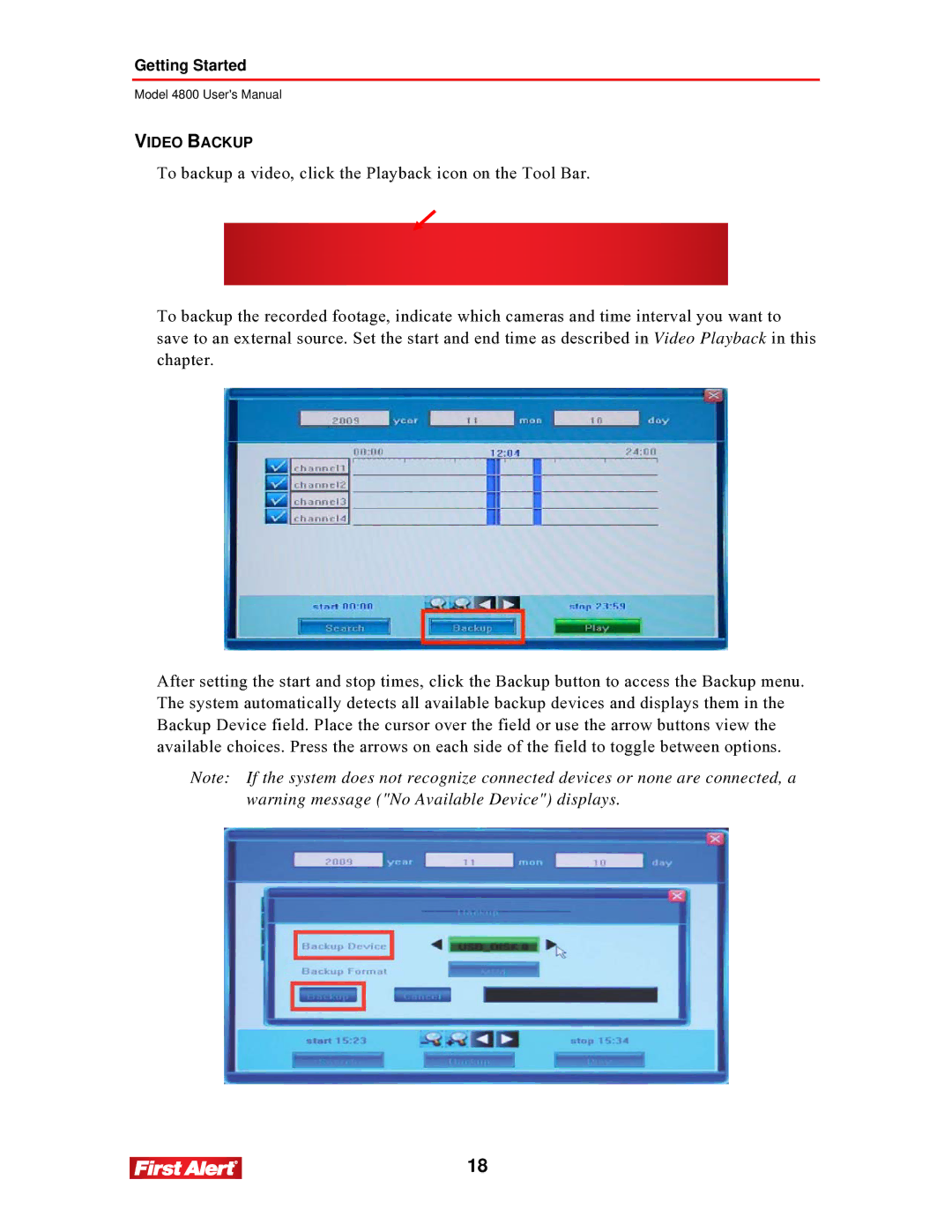 First Alert 4800 user manual Video Backup 