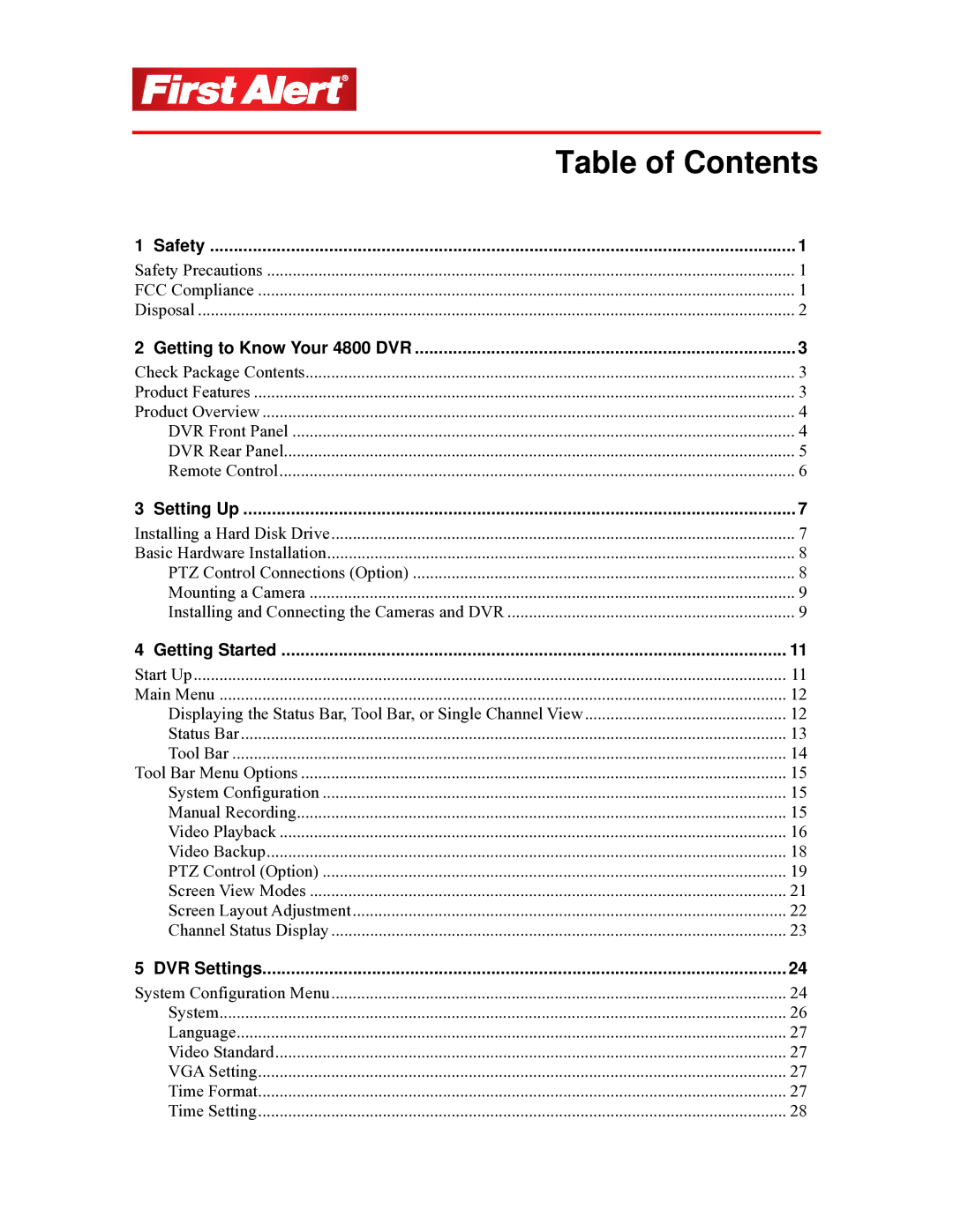 First Alert 4800 user manual Table of Contents 